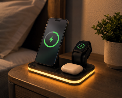 3-in-1 Wireless Charging Station for iPhone, Apple Watch & AirPods — LED Ambient Light & 15W Fast Charge