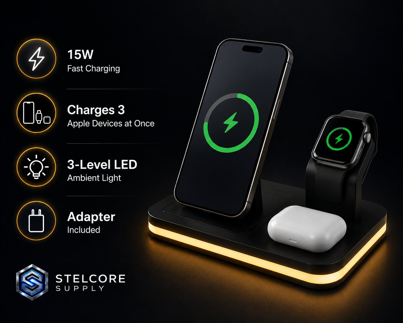 3-in-1 Wireless Charging Station for iPhone, Apple Watch & AirPods — LED Ambient Light & 15W Fast Charge