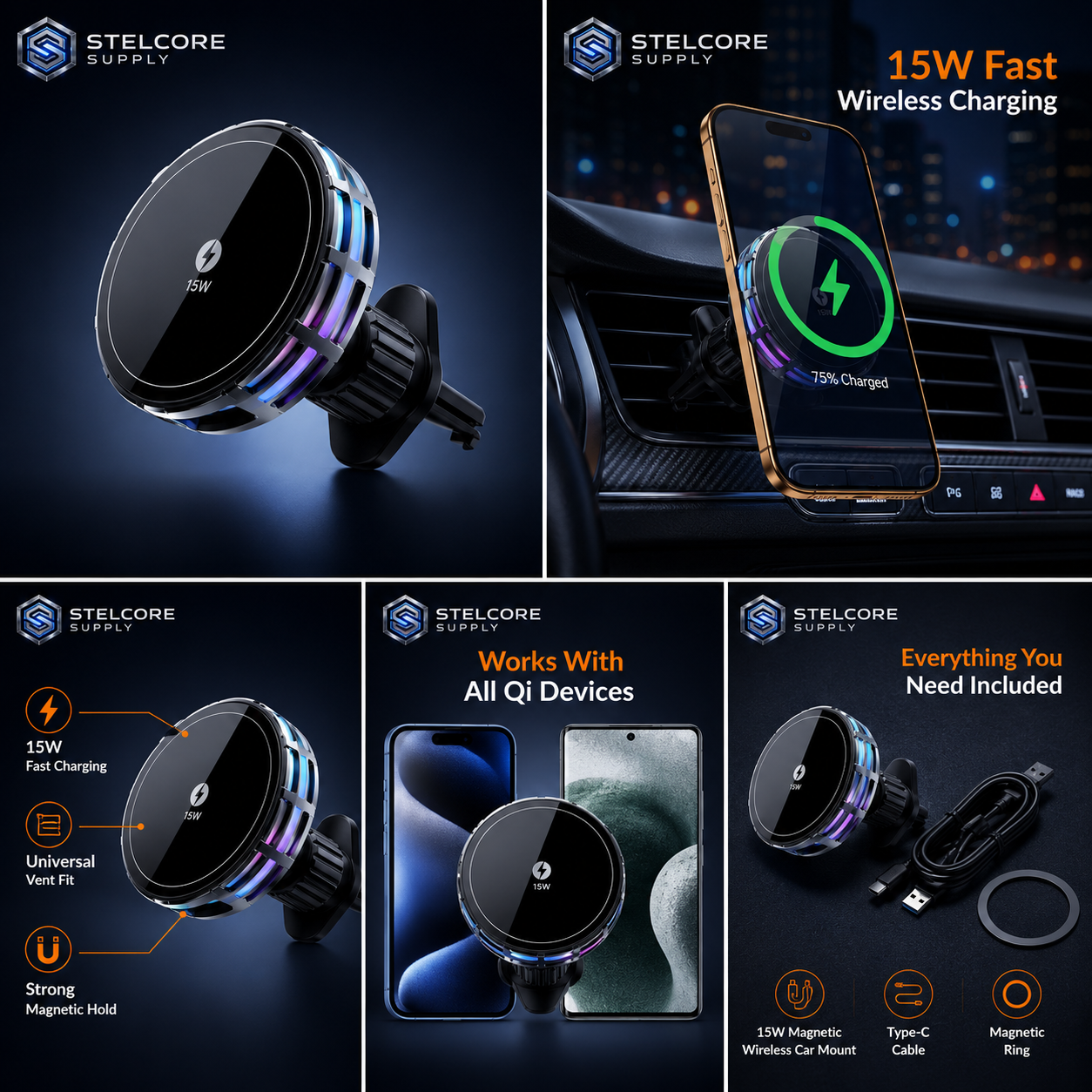 15W Magnetic Wireless Charging Car Mount — Universal Vent Fit