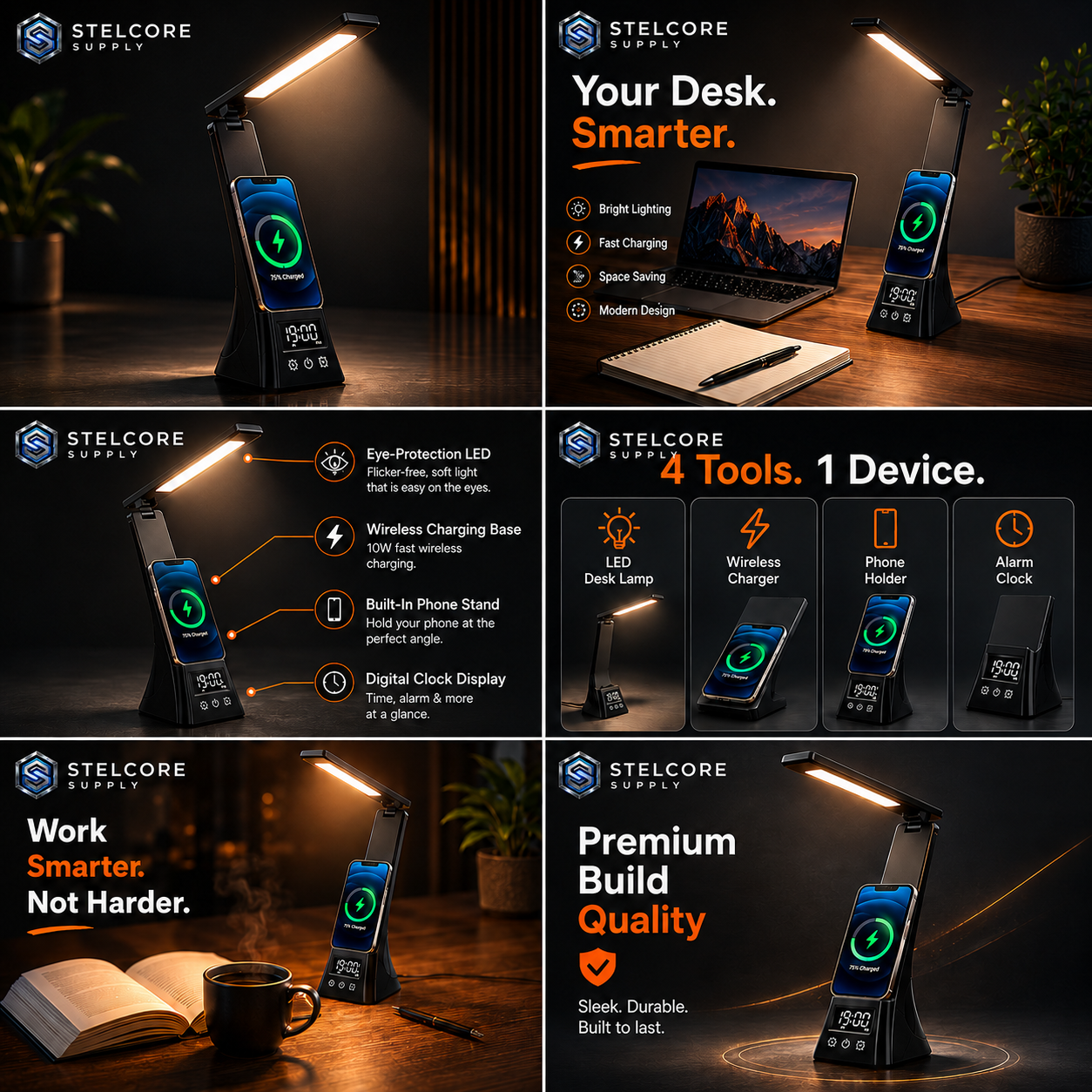 4-in-1 LED Smart Desk Lamp — Wireless Charger, Phone Stand & Clock