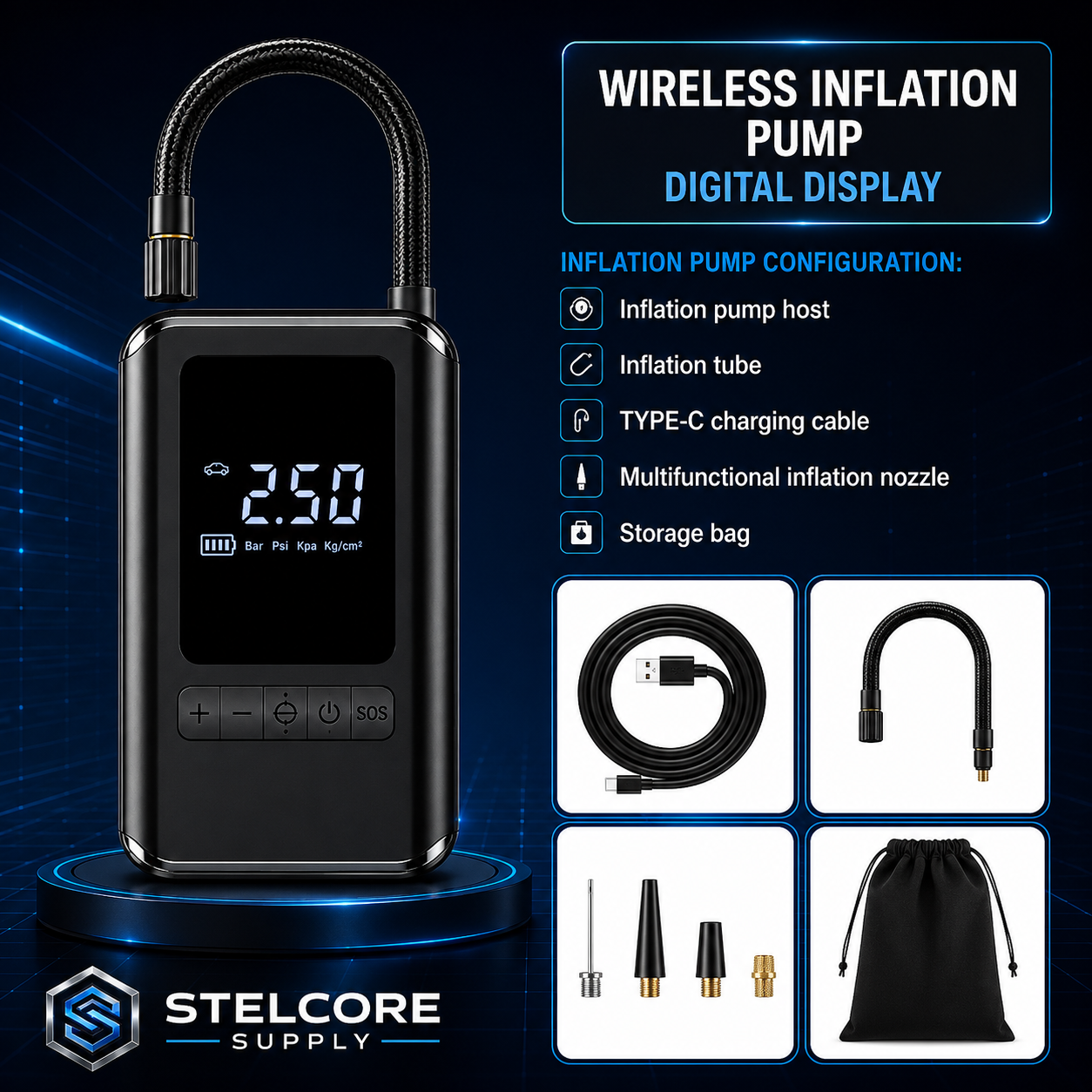 Portable Digital Tire Inflator with LED Display — Wireless Air Compressor for Cars, Bikes & Motorcycles