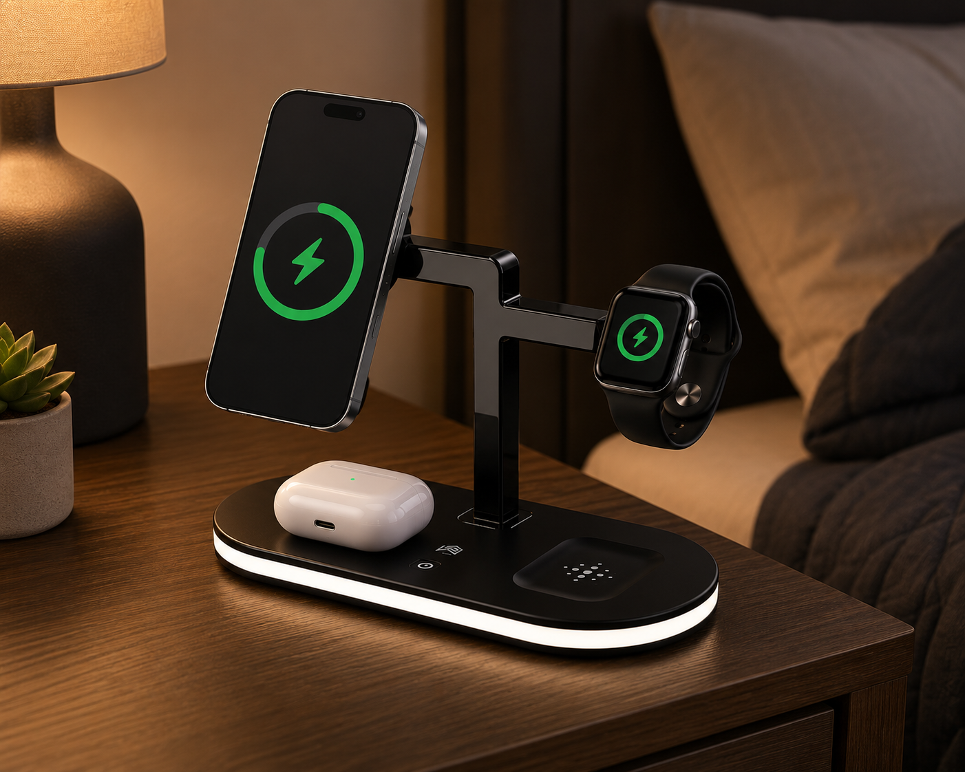 4-in-1 Magnetic Wireless Charging Station with LED Lamp — iPhone, Apple Watch & AirPods Fast Charger Stand