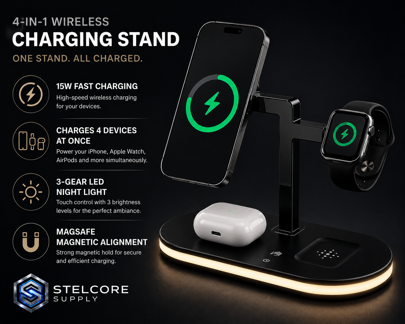 4-in-1 Magnetic Wireless Charging Station with LED Lamp — iPhone, Apple Watch & AirPods Fast Charger Stand