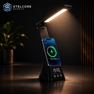 4-in-1 LED Smart Desk Lamp — Wireless Charger, Phone Stand & Clock