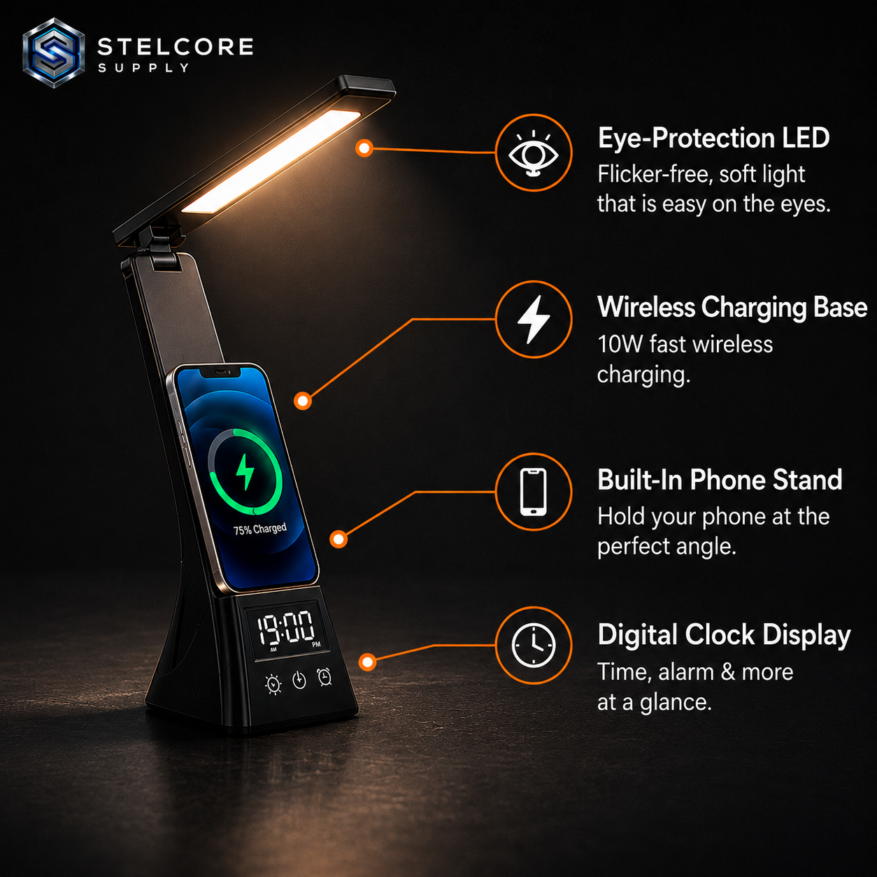 4-in-1 LED Smart Desk Lamp — Wireless Charger, Phone Stand & Clock