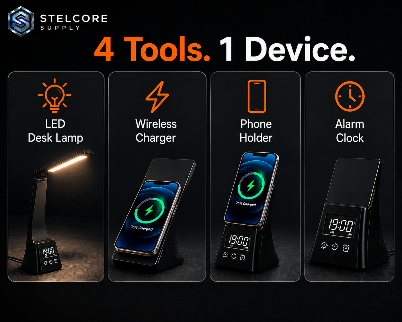 4-in-1 LED Smart Desk Lamp — Wireless Charger, Phone Stand & Clock